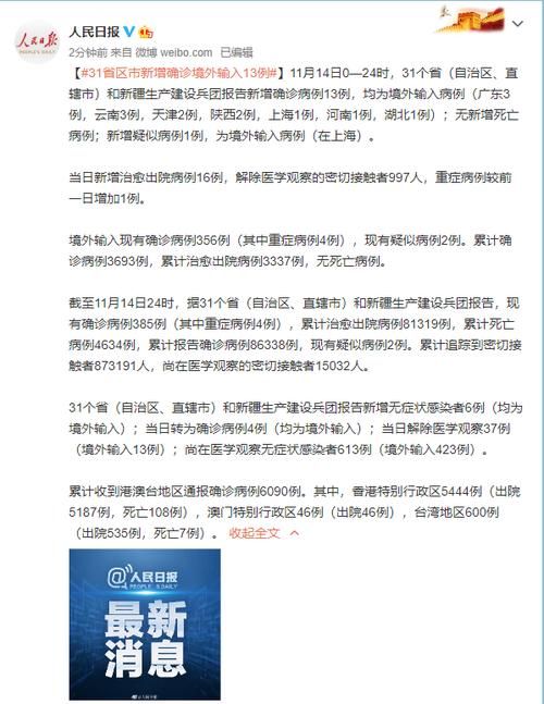31个省份新增13例均为境外输入:31省区市新增12例均为境外输入